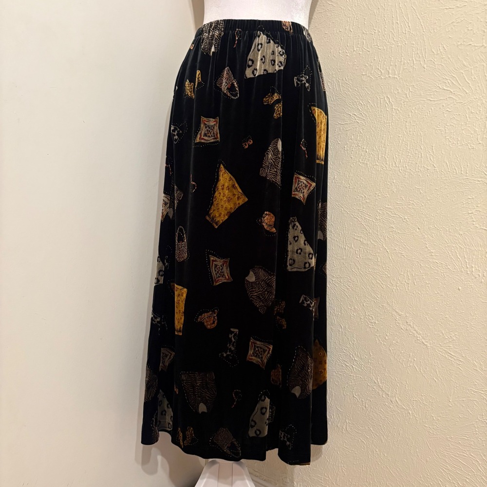 Black Velvet Novelty Print Shopping Fashion Theme Maxi Skirt Animal Print Sz M